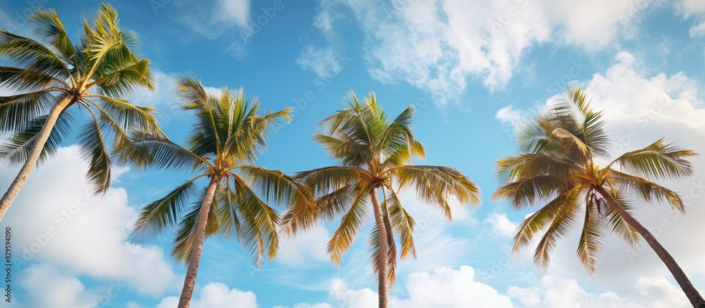 Poster photograph of coconut trees against a cloudy sky backdrop with ample copy space image available