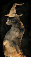 Watercolor Black Cat Silhouette with Witch's Hat on Black Background for Halloween