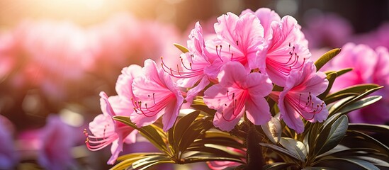 Vibrant pink rhododendron with bright sunlight highlighting its details captured in a macro close up shot with copy space image