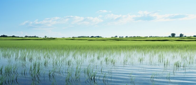 Field with excess water creating a reflective surface suitable for a copy space image