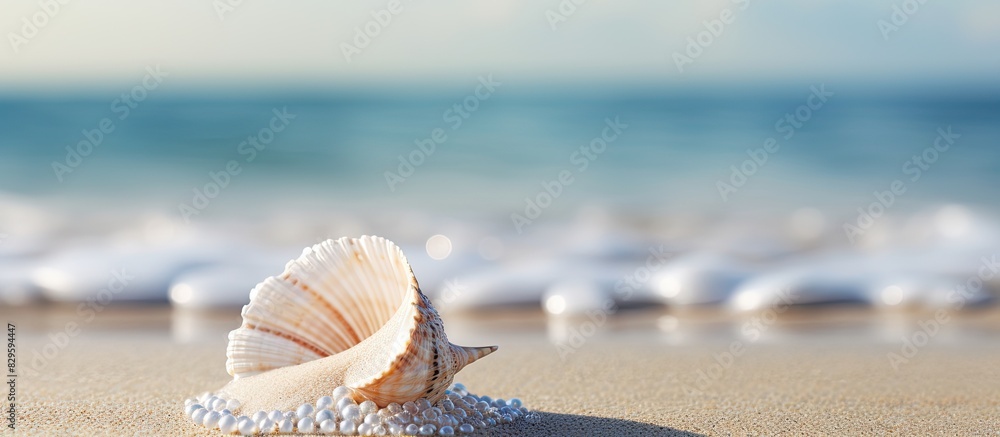 Poster a seashell with valuable pearls resting on the sandy shore with copy space image
