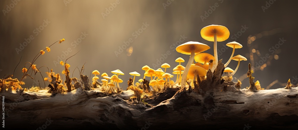 Aufkleber a cluster of small brown mushrooms sprouts from a stump with numerous yellow mushrooms beneath an ag