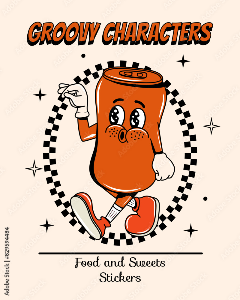 Poster poster with a drink in a tin can in groovy style. food and drinks. quick snack. y2k elements and sha