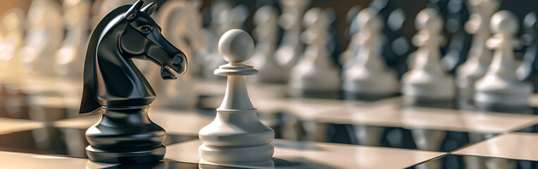 Detailed chess pieces and board pattern professional leadership competitive advantage with blurred background
