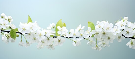 Obraz premium Soft focus close up image showcasing white Prunus padus flowers with copy space