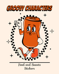 Poster with a drink in a tin can in groovy style. Food and drinks. Quick snack. Y2k elements and shapes. Vector. Isolated. Comic and character. Legs and hands.  Vector illustration. Walking. Retro