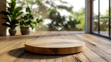 A minimalist 3D scene featuring a natural wood podium with a blurred background, emphasizing the product display and creating a sense of mystery