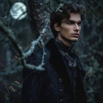 Portrait of stylish handsome vampire man in the forest under the moon
