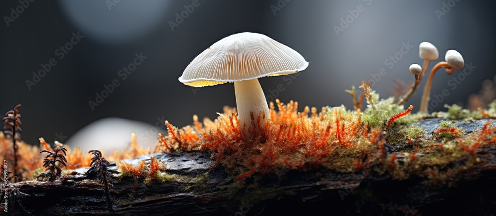 Poster mushroom in white on a lichen covered background with a copy space image
