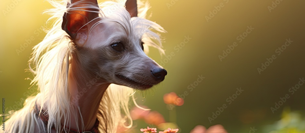 Poster stunning chinese crested dog captured in a summer setting with a background perfect for a copy space