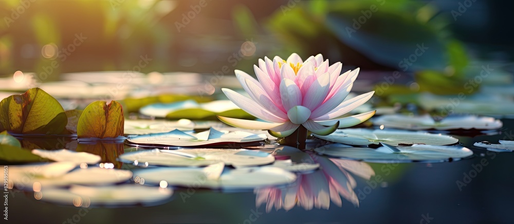 Poster a beautiful water lily floating in a pond with a serene background landscape creating a peaceful cop