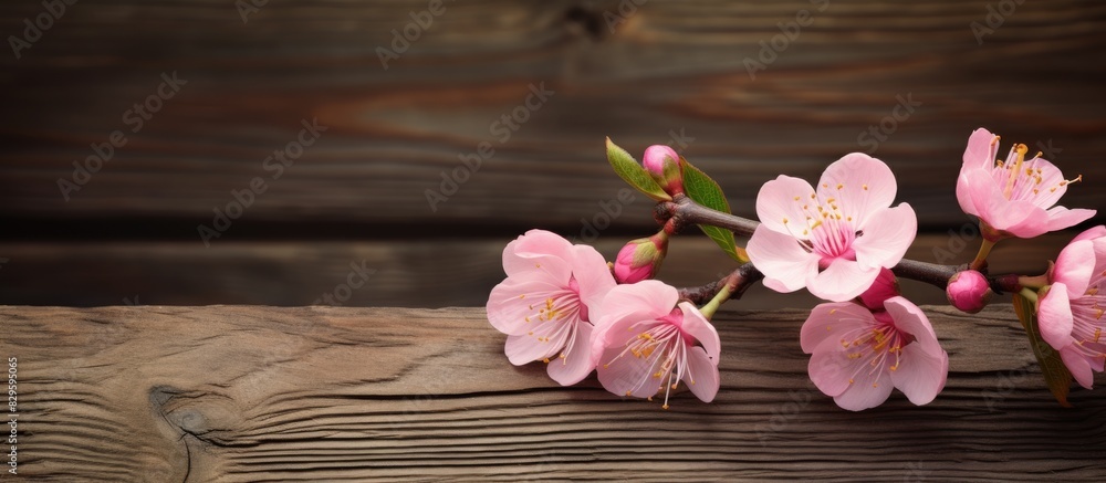 Poster pink peach blossom displayed against a rustic wooden backdrop with empty space for text or graphics 