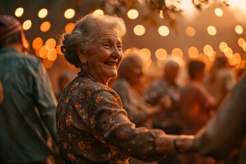 An elderly woman joyfully dances along with a group of people at a social event