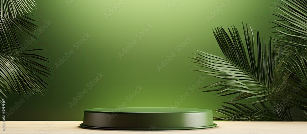 Poster premium empty podium with a shadow of tropical palm leaves on a green background ideal for showcasin