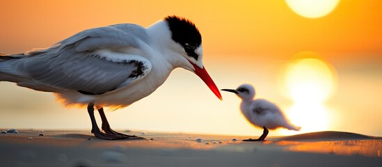 Caspian Tern Feeding the Chick. Copy space image. Place for adding text and design