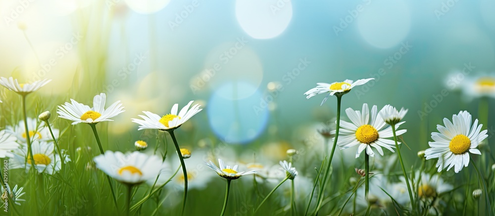 Sticker Chamomile flowers in a field against a blurred green background with ample copy space image