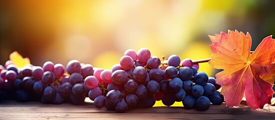 Ripe dark grapes with leaves in a sunny setting provide a colorful copy space image