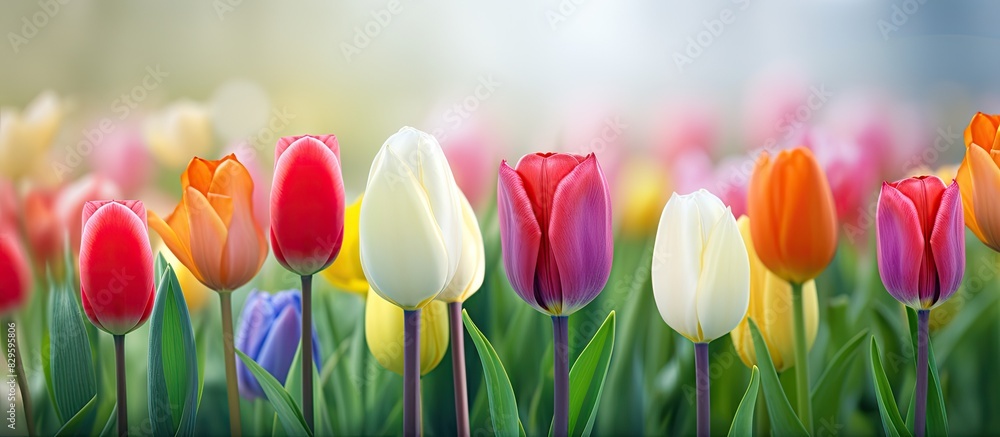 Poster a vibrant tulip flower set against a green leaf backdrop in a winter tulip field creates an agricult