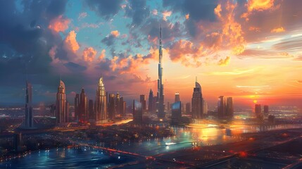 Fototapeta premium Dubai skyline with sunset. Modern luxury architecture, iconic Burj Khalifa and futuristic buildings skyscraper, illuminated by the golden sun., 3d contemporary trendy digital art deco wallpaper banner