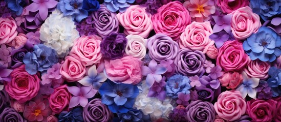 Vibrant flower wall featuring pink purple and blue blooms like roses and tropical flowers ideal as a backdrop or wallpaper with copy space image