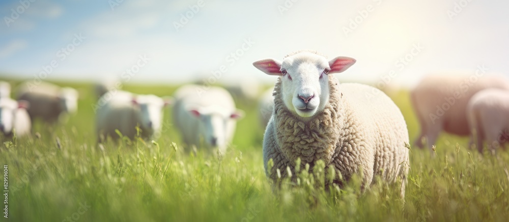 Poster grassy field background with sheep for a natural setting with copy space image