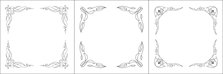 Set of three frames. Elegant black and white frame with Scandinavian ornament, decorative border, corners, isolated vector illustration.	