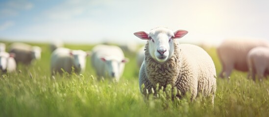 Naklejka premium Grassy field background with sheep for a natural setting with copy space image
