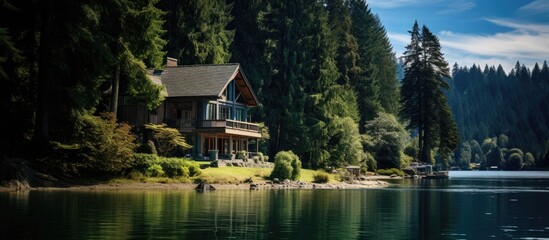 Obraz premium Gorgeous house by the lake with a stunning view ideal for a peaceful retreat or a scenic backdrop for a copy space image