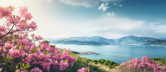 Naklejka premium Scenic coastal landscape with blooming pink flowers mountains and ocean view ideal for a copy space image