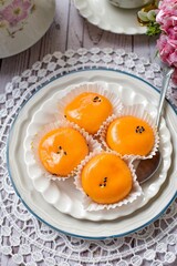 chinese pastry salt eggs lava on white plate,mochi
 