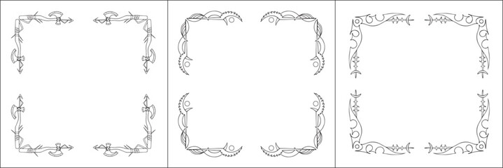 Set of three frames. Elegant black and white frame with Scandinavian ornament, decorative border, corners, isolated vector illustration.	