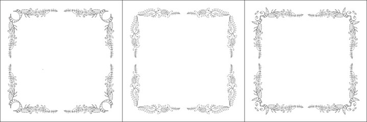 Set of three vegetal vector frames with tropical leaves. Black and white. Vector frame for all sizes and formats. Isolated vector illustration.	