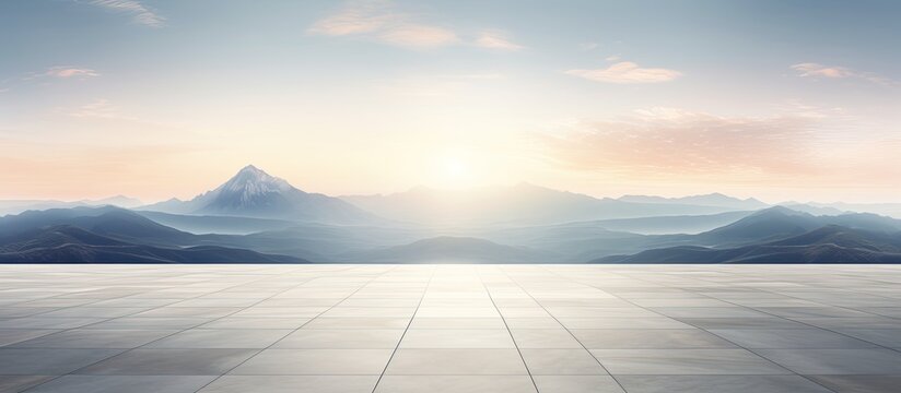 Sunrise landscape with a spacious square floor and mountain backdrop blank space for placing an image. Copy space image. Place for adding text and design