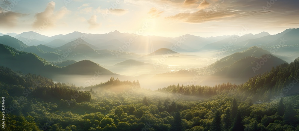 Poster aerial drone captures the sun s rays piercing through fog over the mountain forest creating a dramat