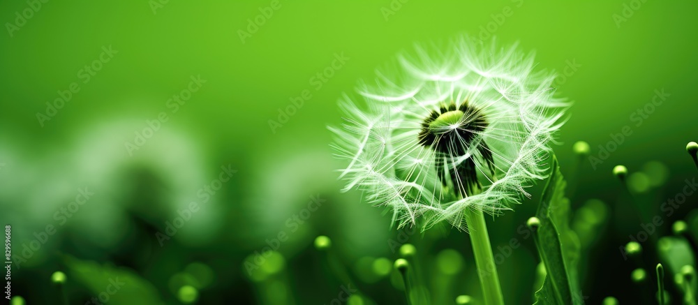 Poster close up view of a dandelion head against a green backdrop with copy space image