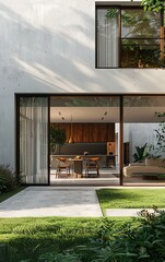 A house with a large open door leading to a patio