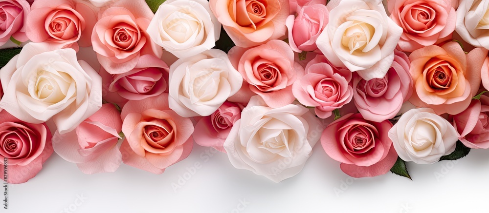 Poster top view mockup showcasing a floral pattern of roses on a white background with ample copy space ima