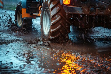 Tractor tires in mud. A heavy truck driving with sludge underneath its wheels. Mud splashing. Environmental awareness. Puddles. Rubber. Climate. Machinery. Construction site. Sleet. Wheels. Asphalt