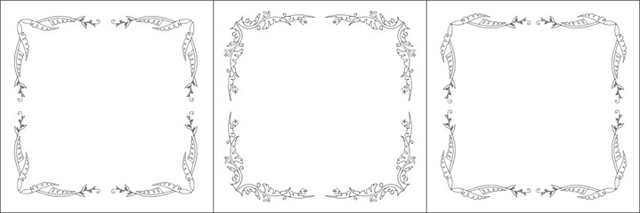 Set of three vegetal vector frames with tropical leaves. Black and white. Vector frame for all sizes and formats. Isolated vector illustration.	