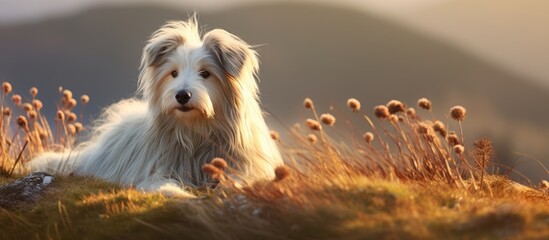 A sheepdog in the soft morning light with a copy space image