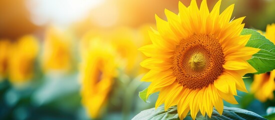 Gorgeous vibrant yellow sunflower blooming in garden with copy space image