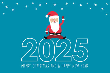 cute santa claus sitting on 2025 typography christmas greeting card vector illustration