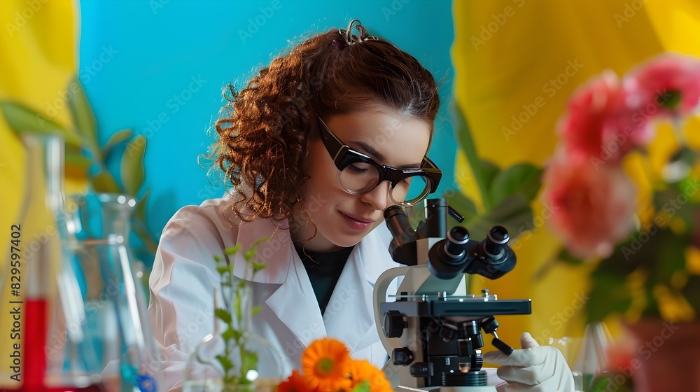 Poster young biologists excited expression while conducting colorful experiment in the lab