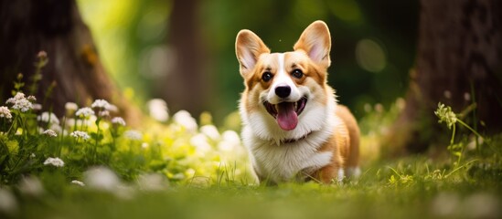 Cute Pembroke Welsh Corgi taking a stroll with its owner in a lush park setting smiling happily for the camera in a high resolution copy space image