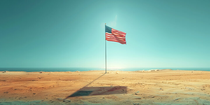 American flag waving on a beach with a clear blue sky, ideal for patriotic themes and national holidays.