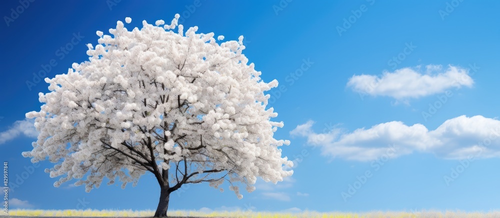 Poster cherry tree in bloom captured with blue sky in the background creating a scenic image with copy spac