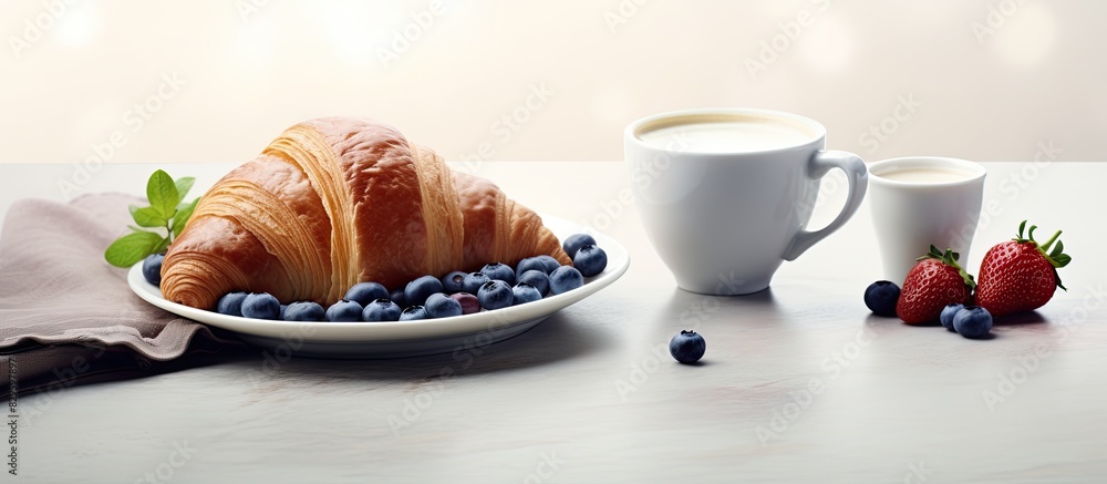 Poster studio photo of a breakfast spread featuring a cappuccino fresh blueberries and a croissant with spa