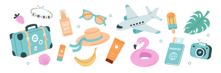 Summer stickers set. Tropical vacation on beach scrapbooking collection. Plane, ticket, sunscreen and other travel elements. Modern cartoon concept. Vector illustration. © Irina Strelnikova