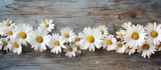 Obraz premium Chamomile flowers in white hues displayed on a rustic wooden backdrop with copy space image available