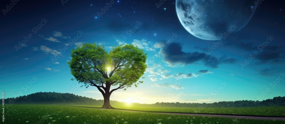 Poster heart shaped tree in a paddy field with milky way backdrop in a rural setting perfect for a copy spa